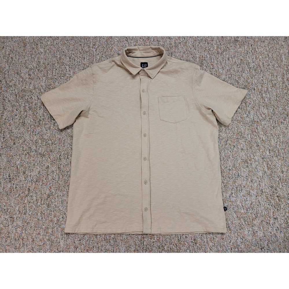 GAP Shirt Mens XL Beige Short Sleeve Button Up Slub Jersey Knit Pocket Casual
